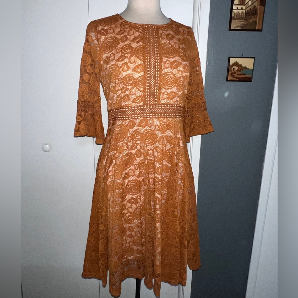 Vintage Style Illusion Lace Dress, Mustard Gold